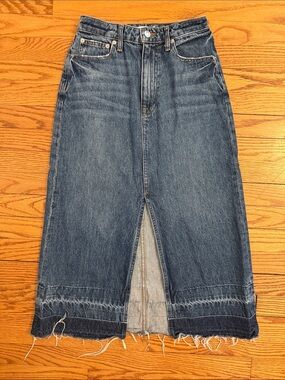 Sinkhai High-Rise Dark Blue Denim Straight Skirt with Front Slit 25